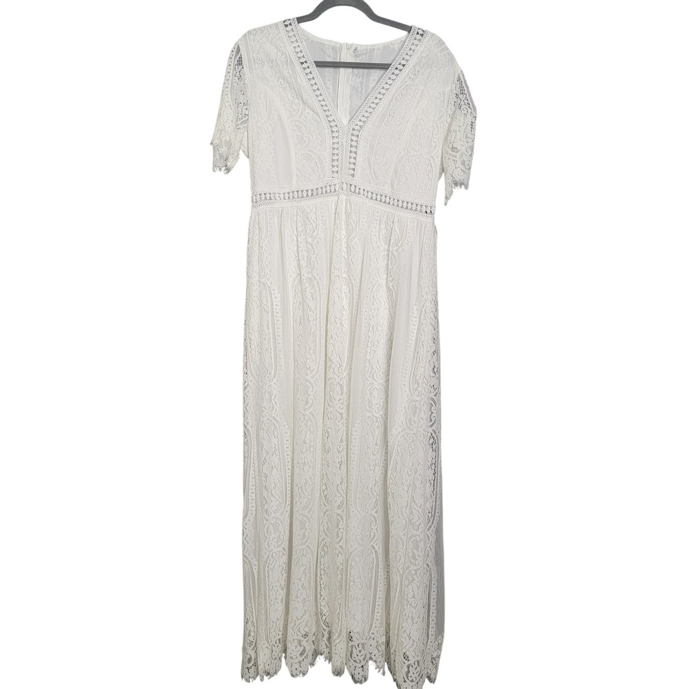 Boho Beach Wedding Maxi Dress XL White Lace V-Neck Short Sleeve Crochet Detail